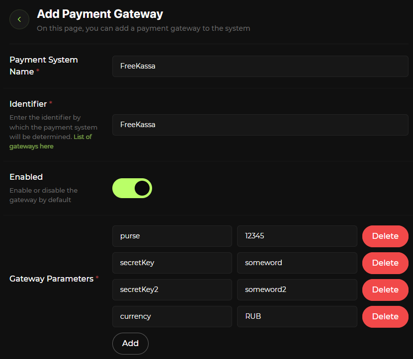 Example configuration for FreeKassa